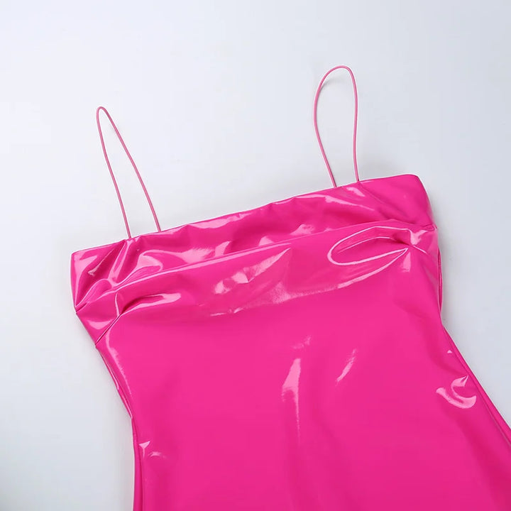 2026 New Arrival Sexy Pink Pu Leather Dress Women Spring Summer Strapless Spaghetti Strap Fashion Club Wear Bodycon Mini Dresses