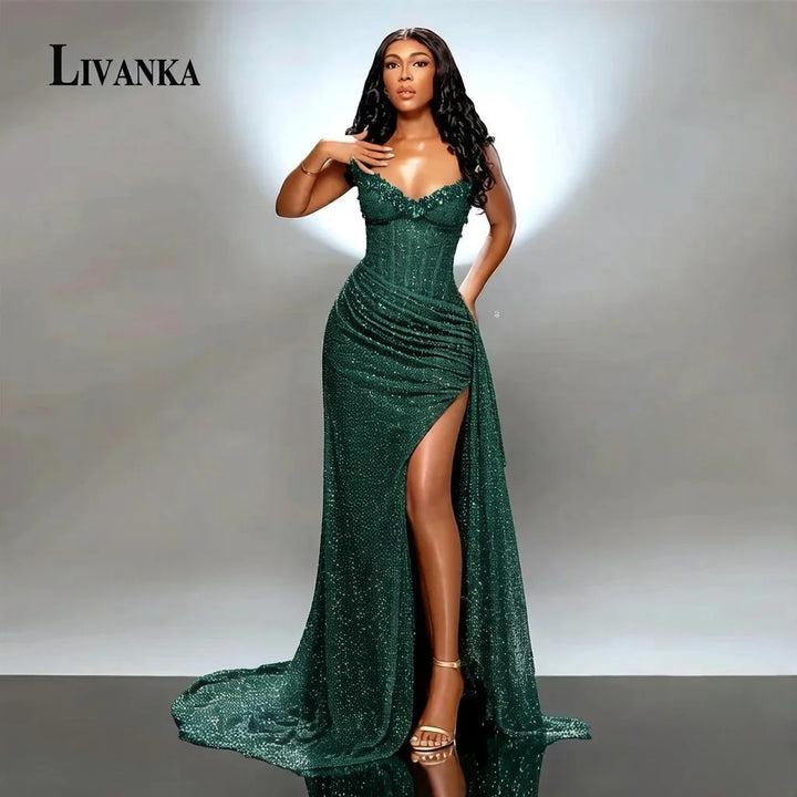 Livanka Sweetheart Mermaid Evening Dress Side Split High Waist Prom Gown With Beading