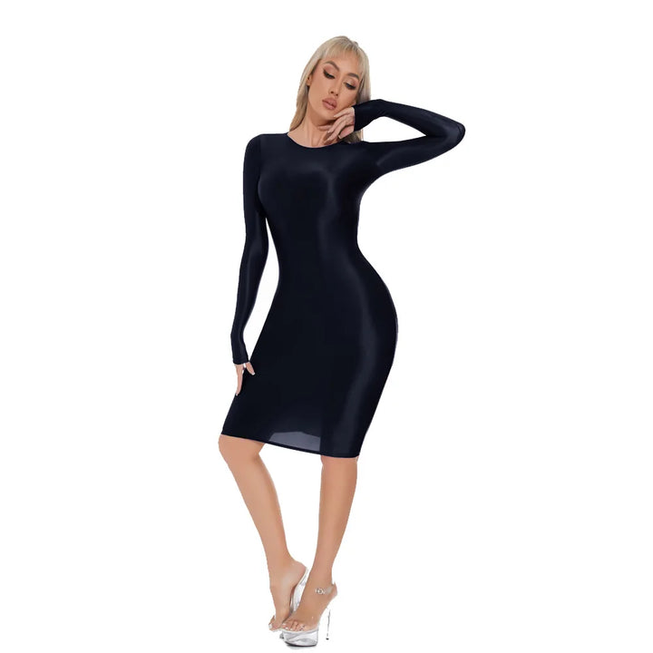 Oil Glossy Bodycon Pencil Dress Sexy Push Up Fit