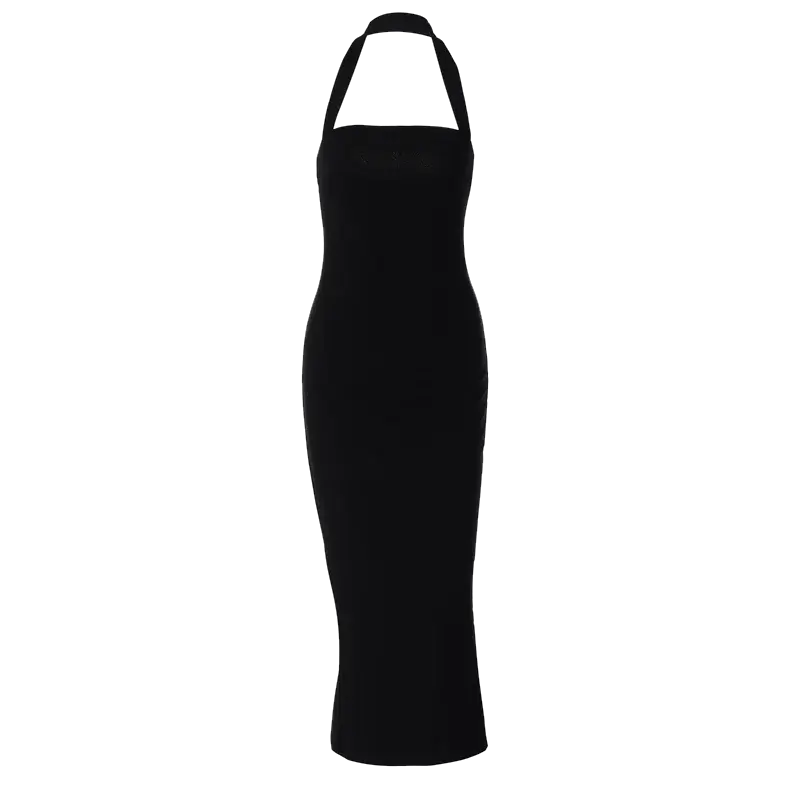 Hugcitar 2025 Elegant Halter Black Backless Sexy Bodycon Maxi Prom Dress Summer Women Y2K Clothes Wedding Birthday Party