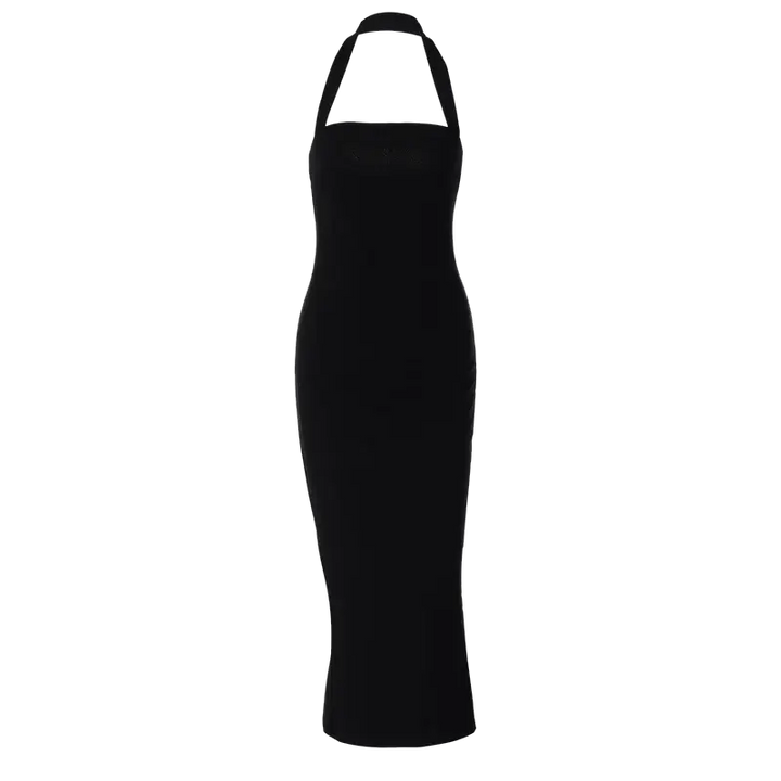 Hugcitar 2025 Elegant Halter Black Backless Sexy Bodycon Maxi Prom Dress Summer Women Y2K Clothes Wedding Birthday Party