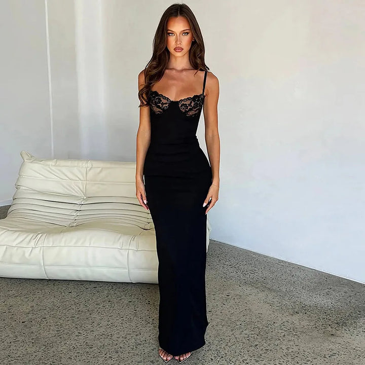 Luxury Y2K Lace Trim Bodycon Maxi Dress For