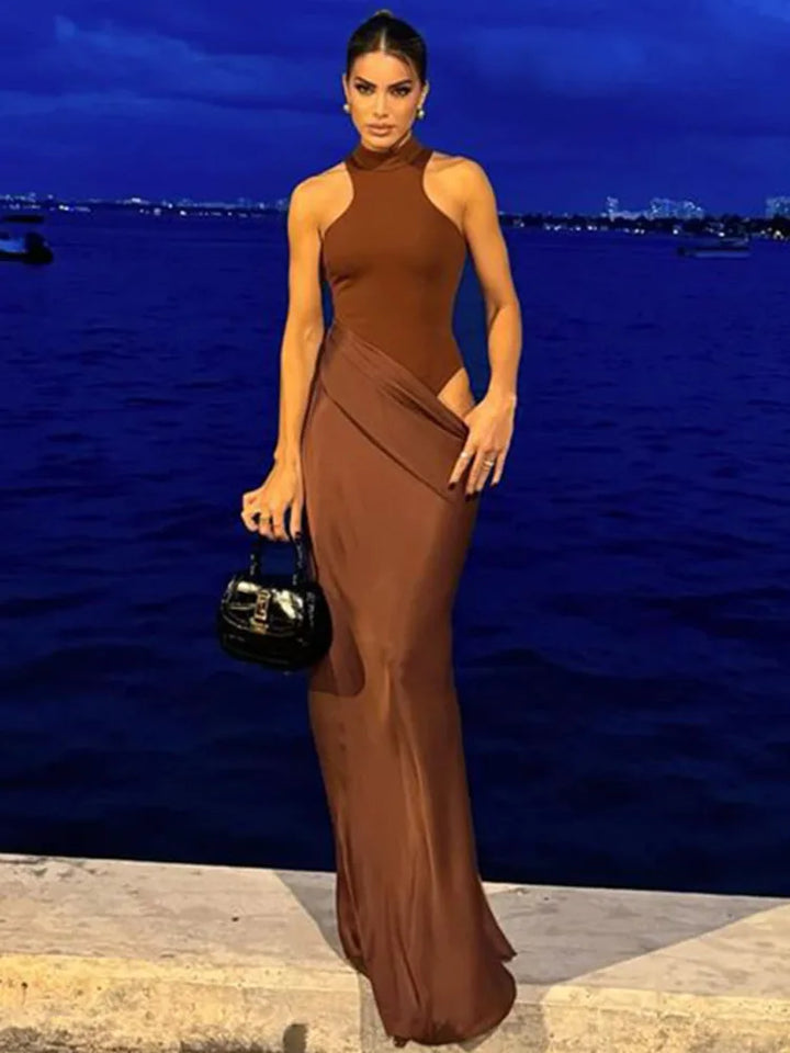 Julissa Mo Satin Sexy Hollow Out Maxi Black