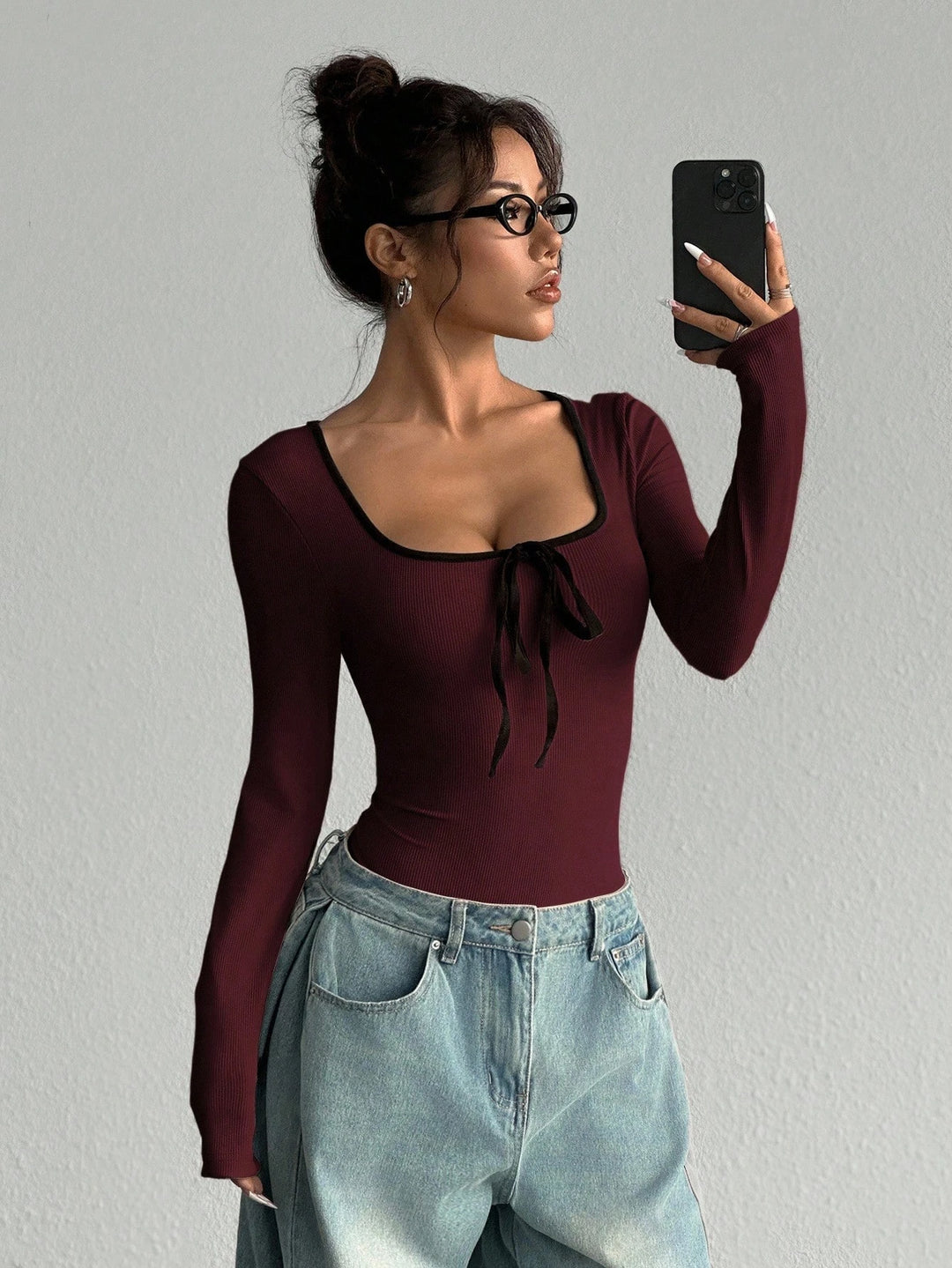 Trendy Women Rib Knit Bow Bodysuit Slim Color