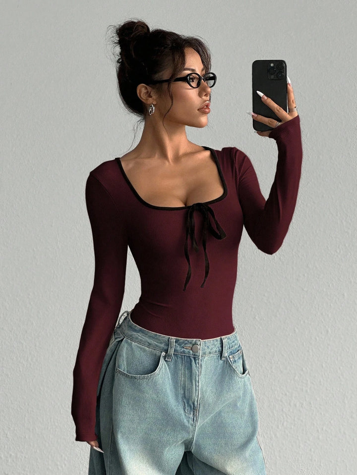 Trendy Women Rib Knit Bow Bodysuit Slim Color