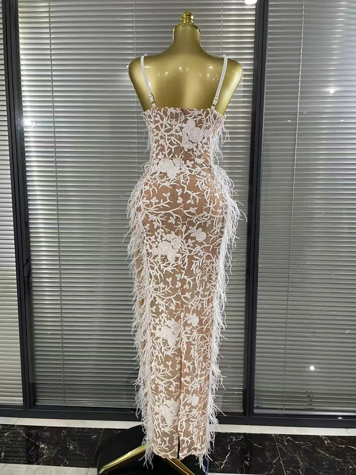 Elegant Beaded Feathers Sleeveless Bodycon Dress