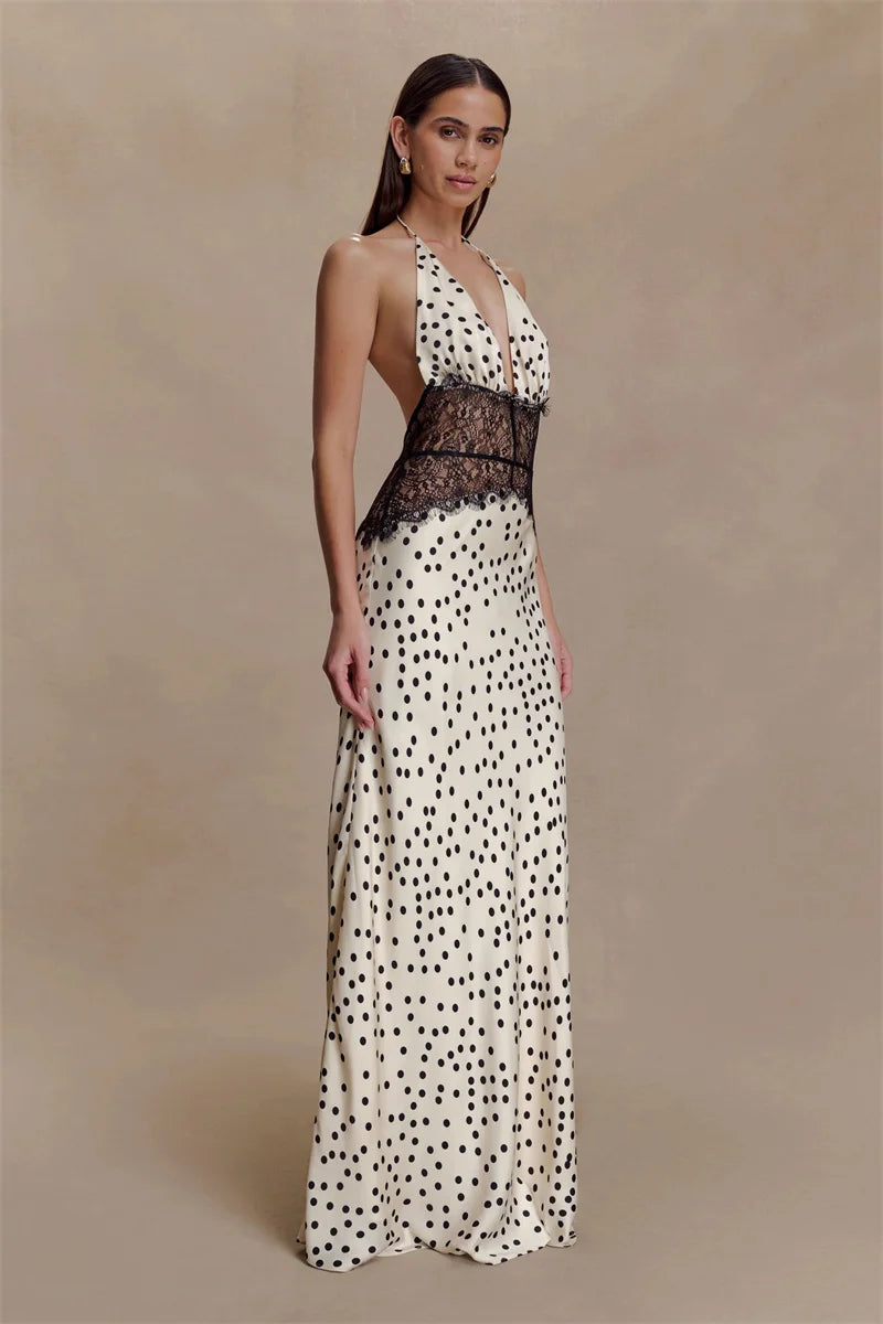 Elegant Polka Dot Lace Maxi With Backless V Neck