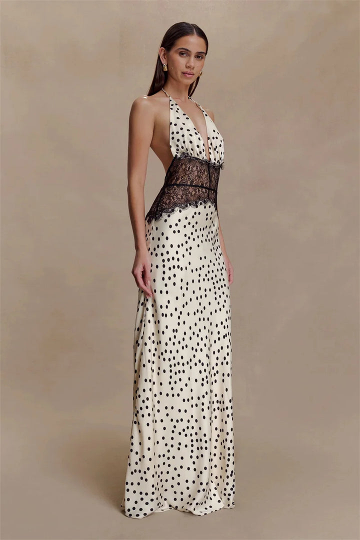 Elegant Polka Dot Lace Maxi With Backless V Neck