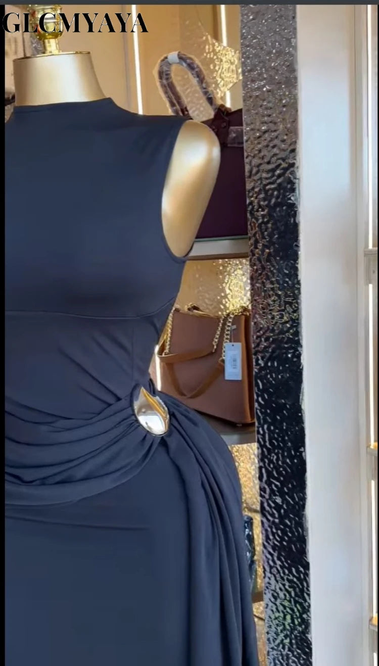 Women Sleeveless O Neck Ruched Bodycon Maxi Dress