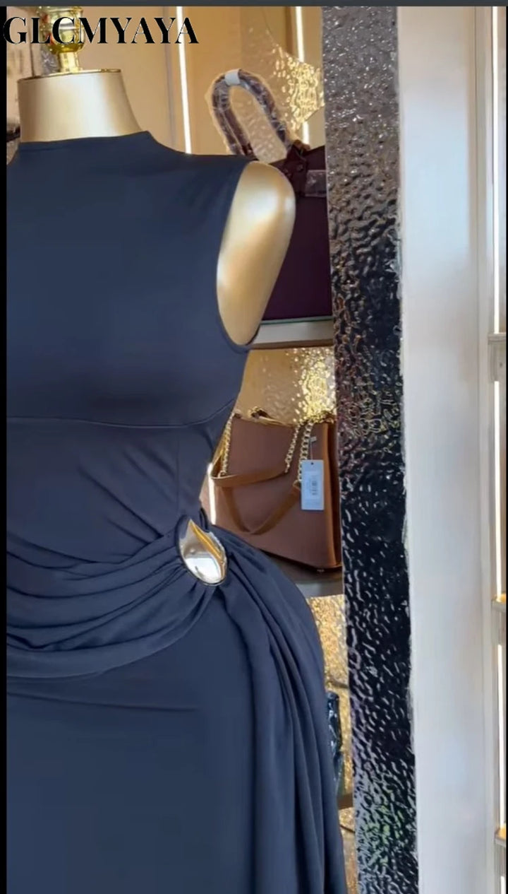 Women Sleeveless O Neck Ruched Bodycon Maxi Dress