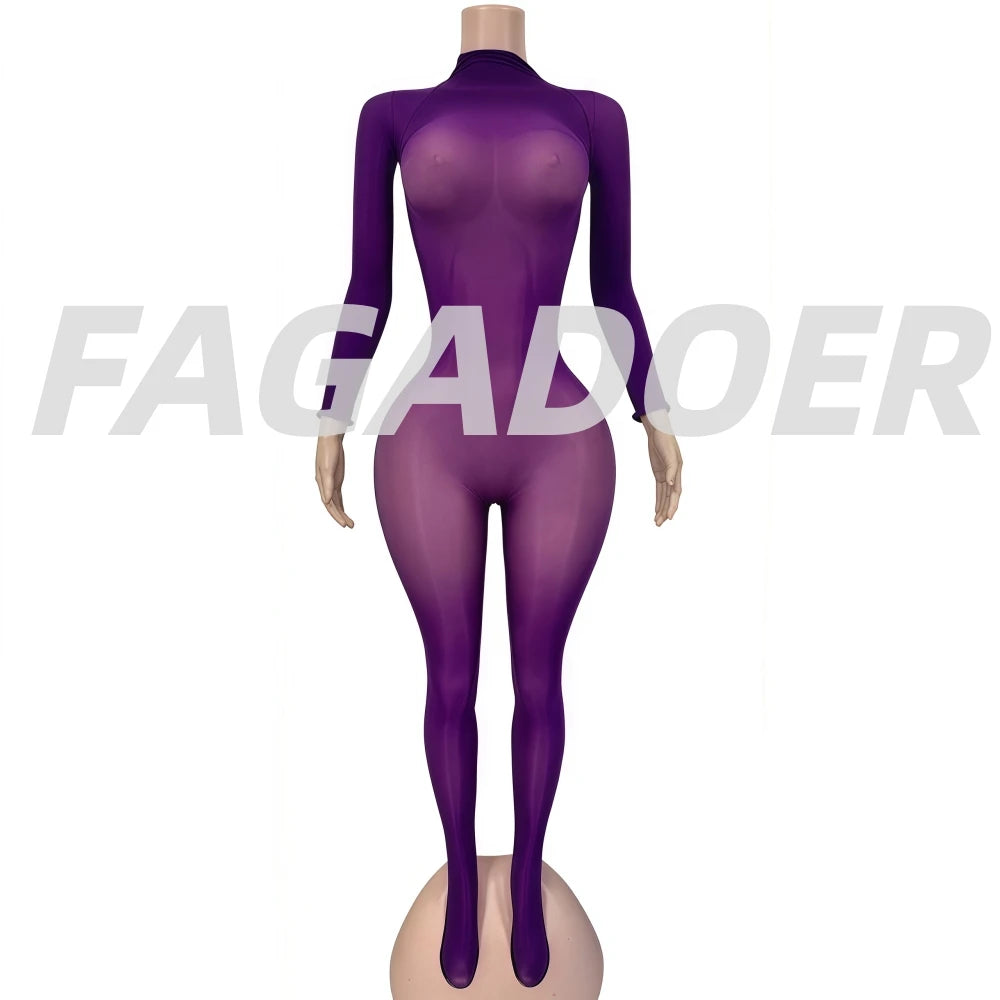 FAGADOER See Through Mesh Bodycon Jumpsuit Women