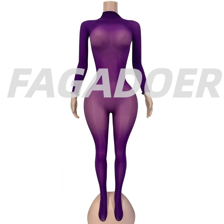 FAGADOER See Through Mesh Bodycon Jumpsuit Women