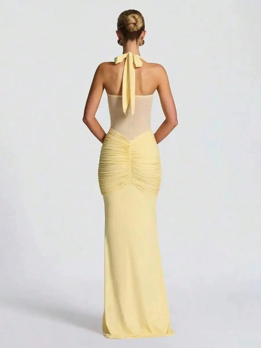 Ruched Bodycon Midi Dress Women Backless Shawl Sleeve Elegant Party Gown
