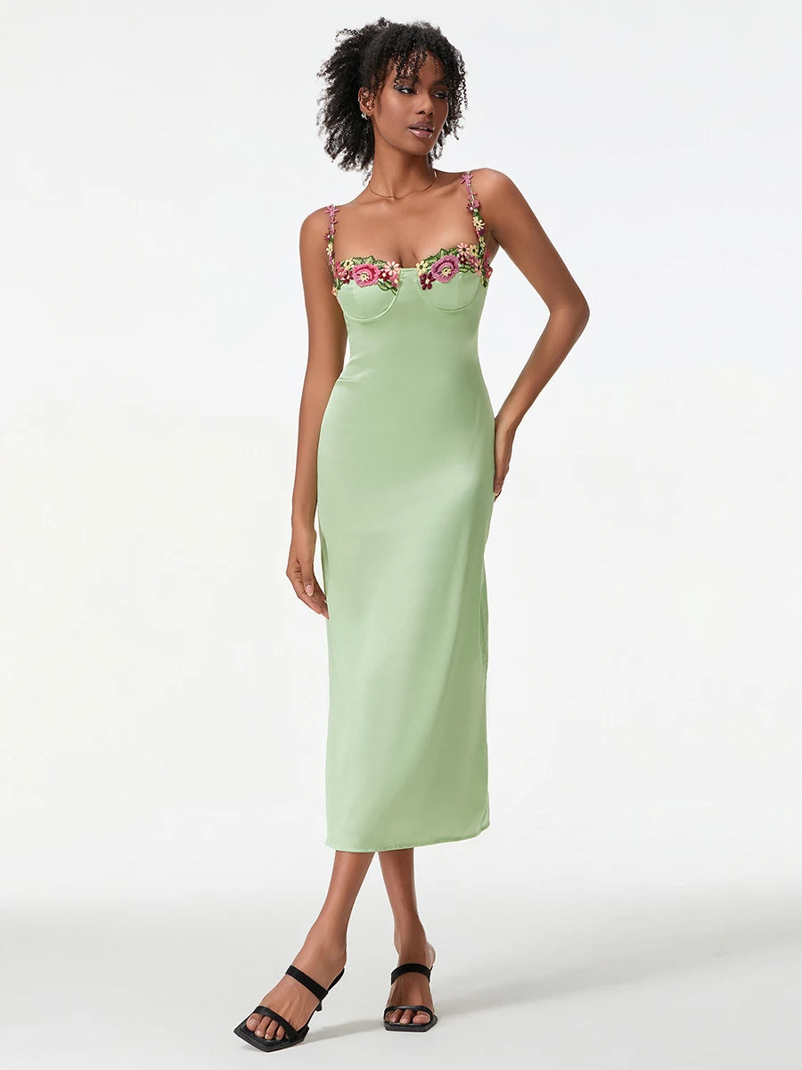 Luxury Satin Flower Embroidery Evening Gown
