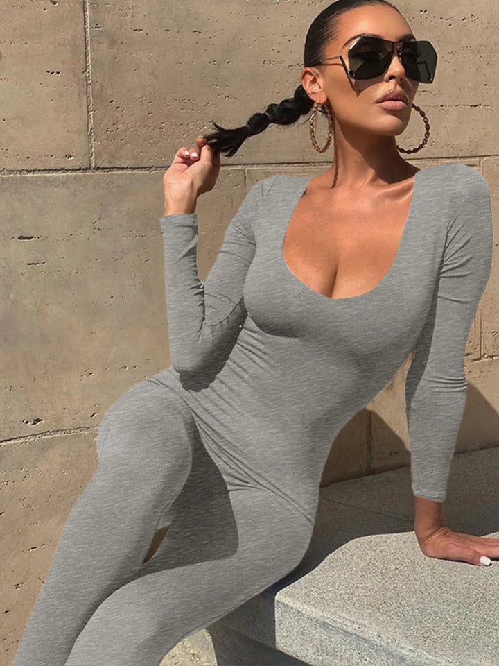 Hugcitar 2025 Square Collar Bodycon Jumpsuit Women