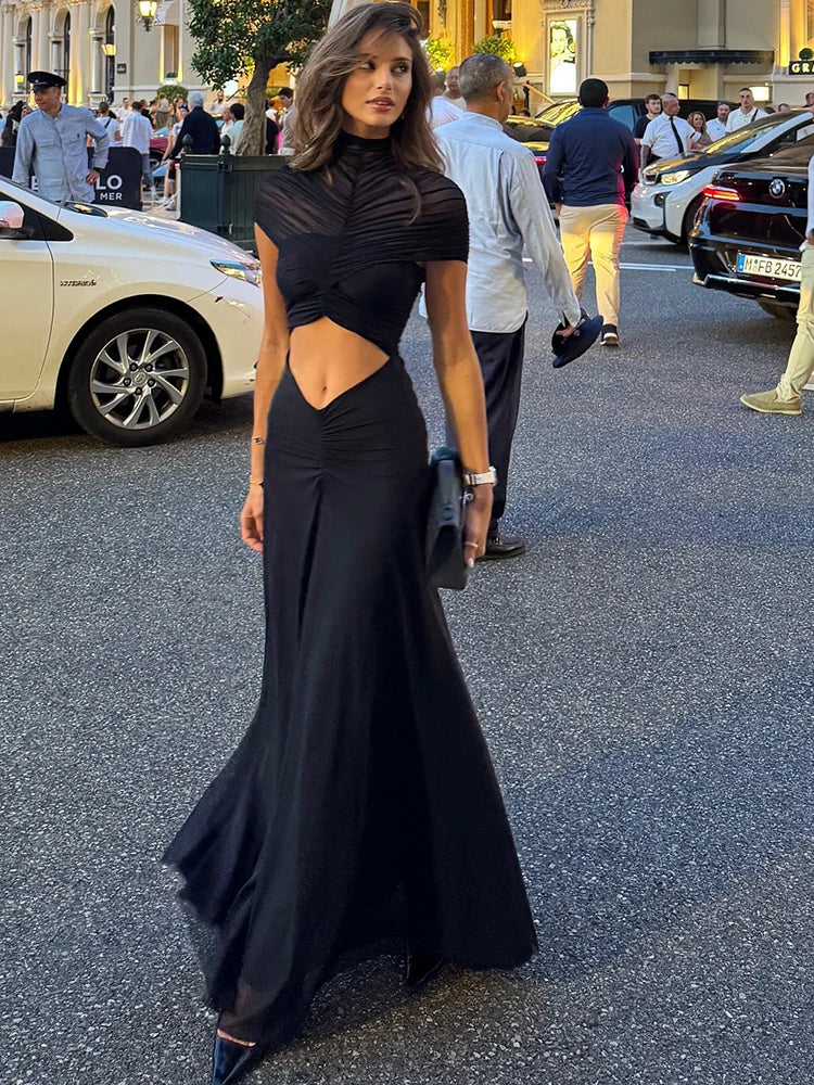 Julissa Mo Hollow Out Turtleneck Maxi Dress Mesh