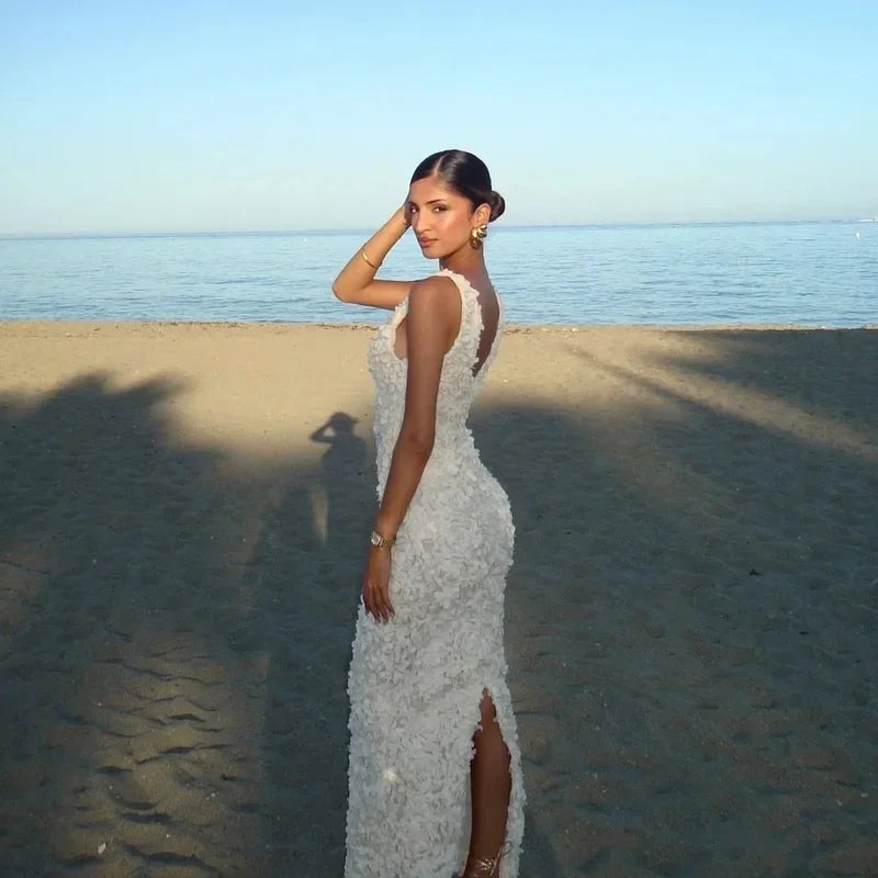Luxury V Neck Flower Applique Bodycon Maxi Dress