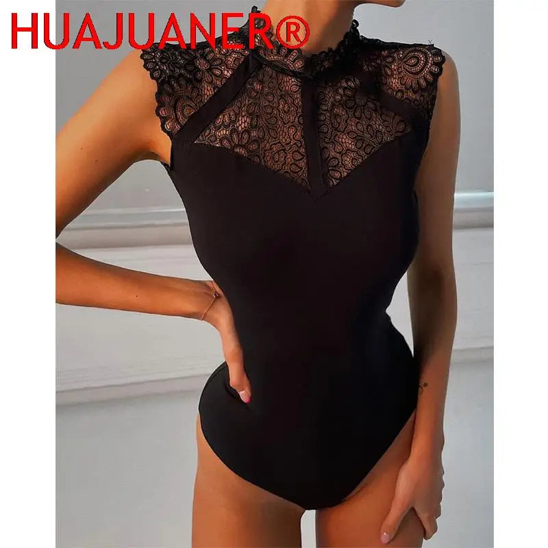 Women Lace Black Wrap Bodysuit Sleeveless Bodycon