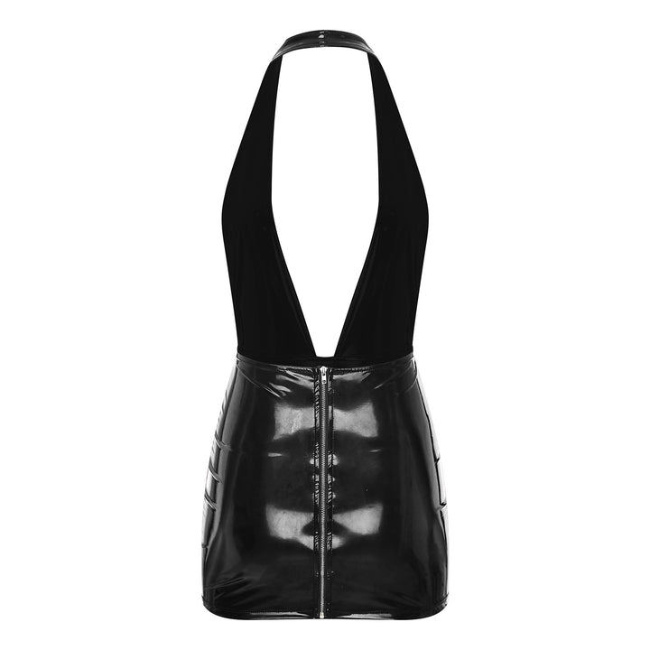 Trendy Msimis Patent Leather Backless Mini Dress