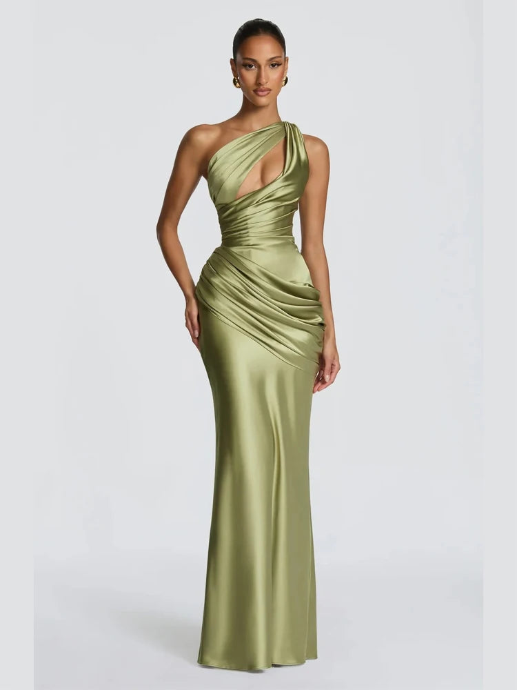 Green Satin Mermaid Dress One Shoulder Cutout
