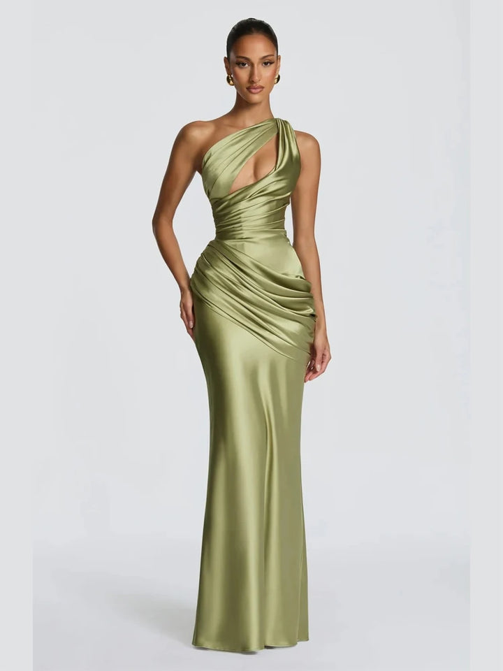 Green Satin Mermaid Dress One Shoulder Cutout