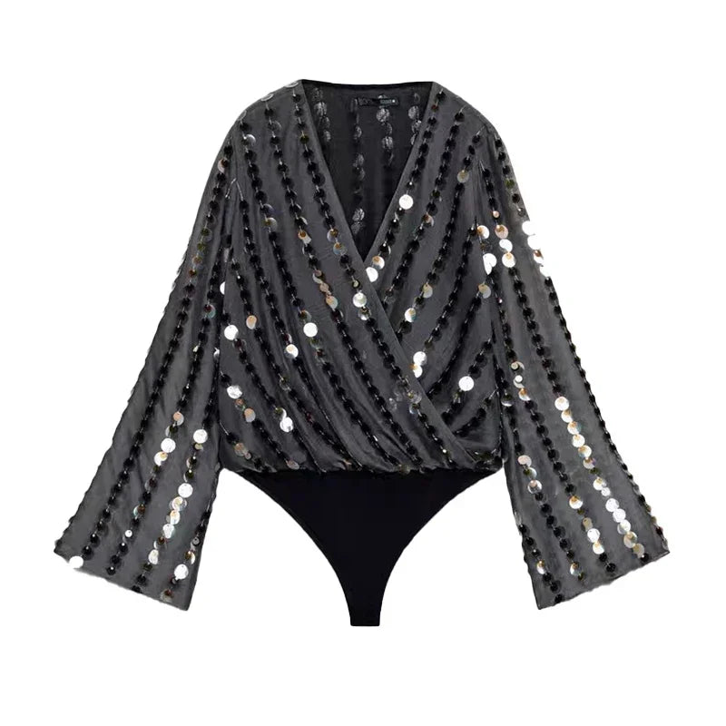 V Neck Layered Sequin Jumpsuit Women Partywear