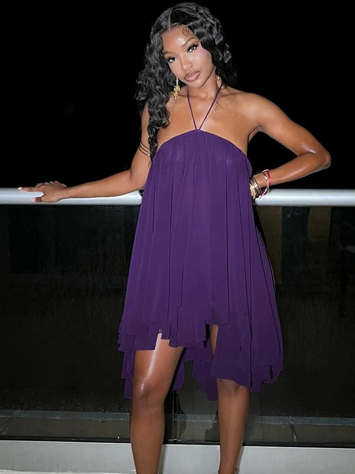 Weird Puss Halter Backless Tiered Dress Y2K Beach