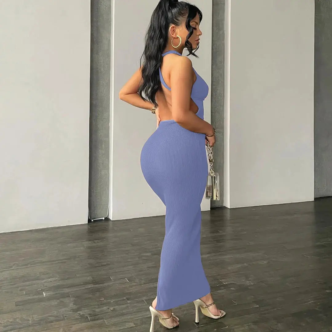Hugcitar Ribbed Solid Hollow Out Backless Sleeveless Sexy Slit Mini Dress Bodycon 2025 Spring Women Outfits Elegant Party Y2K