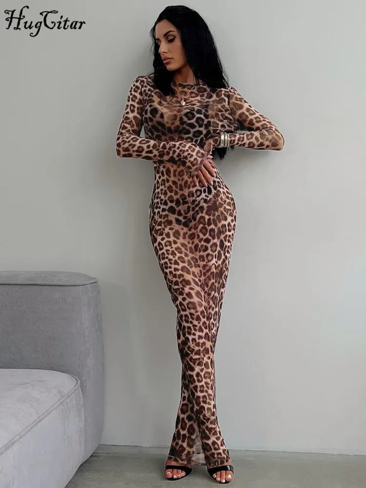 Hugcitar Leopard Mesh Maxi Dress For Beach And Club Nights