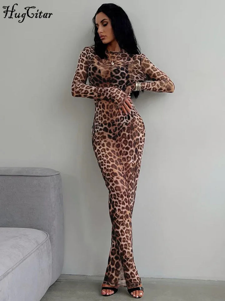 Hugcitar Leopard Mesh Maxi Dress For Beach And Club Nights