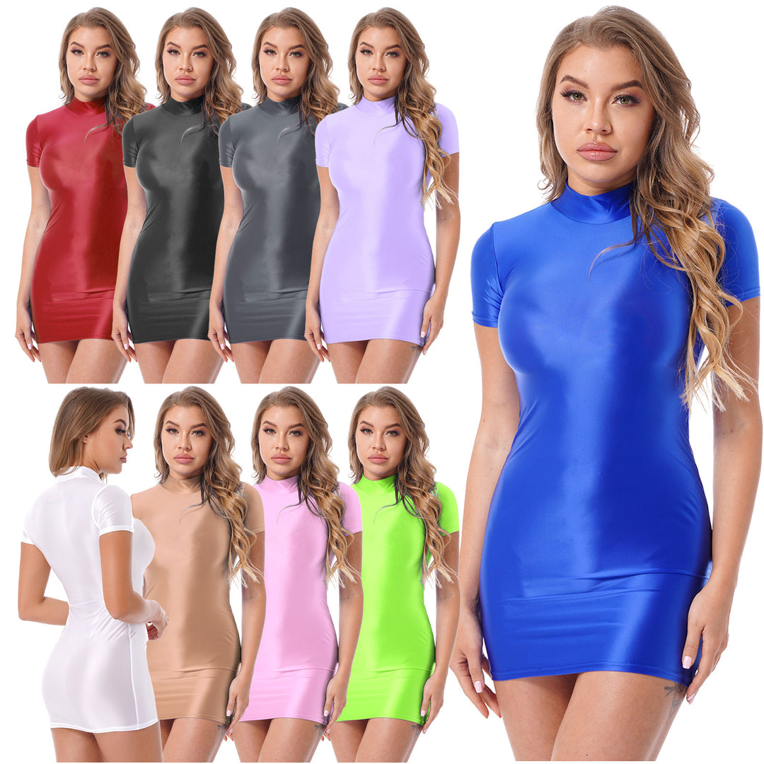 Signature Glossy Mock Neck Mini Dress For Tropical