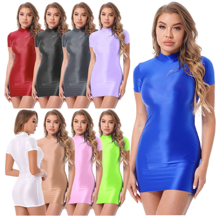 Signature Glossy Mock Neck Mini Dress For Tropical