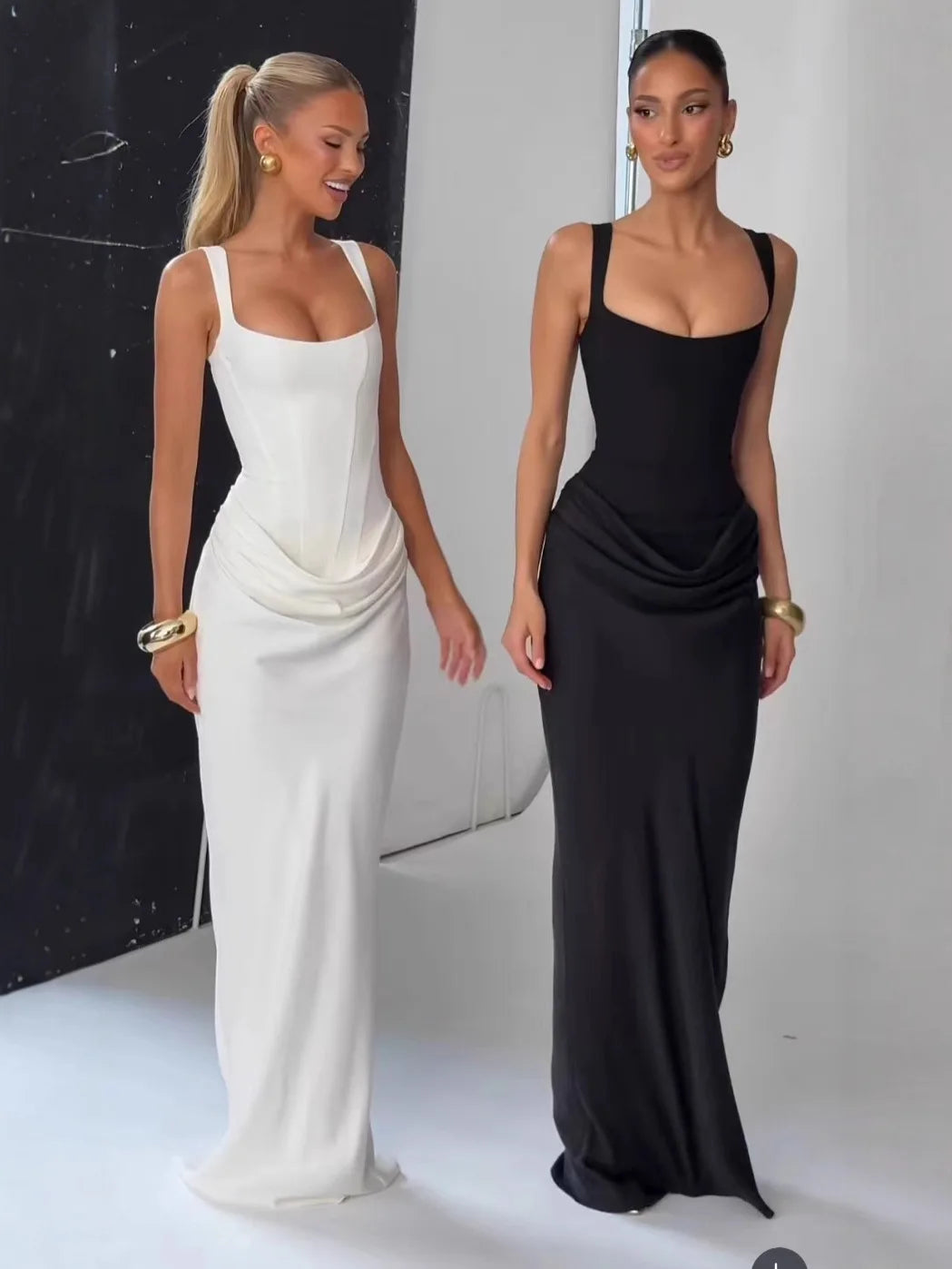 Backless Ruched Maxi Dress Women U Neck Sleeveless