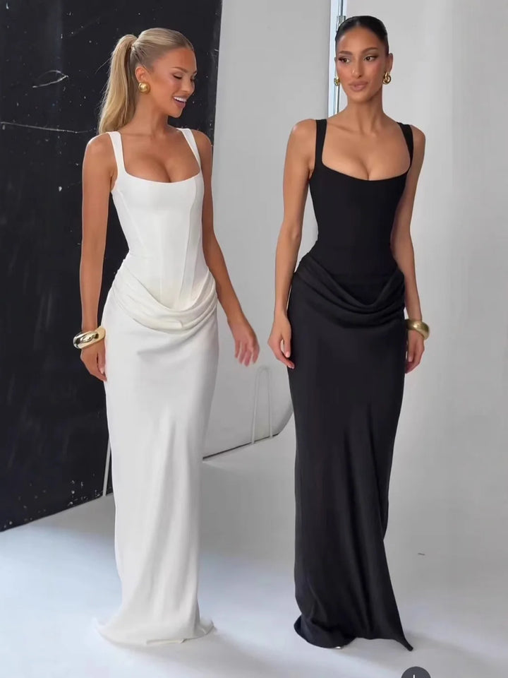 Backless Ruched Maxi Dress Women U Neck Sleeveless