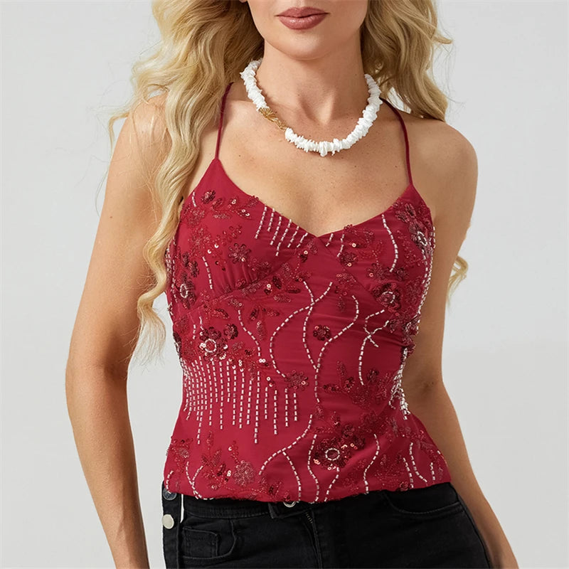 Summer Women Y2k Sequin Halter Crop Tops Pearl Embellished Cami Tops Summer Glitter V Neck Rhinestone Camisole Tank Shirt