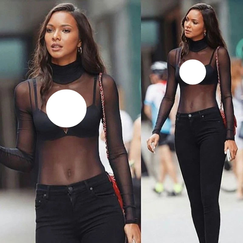 Stylish Mesh Bodysuit For Women See Through Long Sleeve