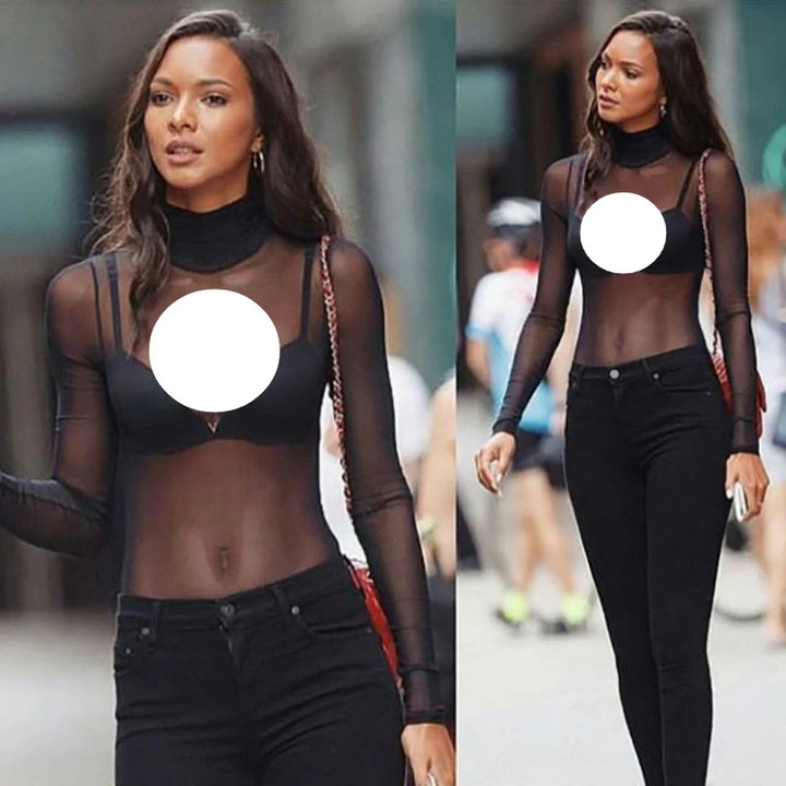 Stylish Mesh Bodysuit For Women See Through Long Sleeve