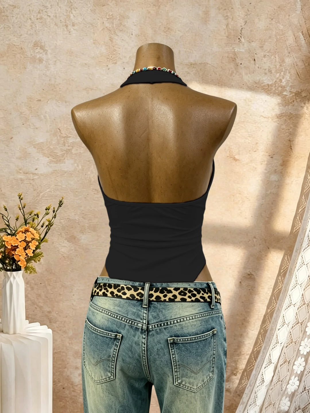 Chic Y2K Halter Bodysuit Deep V Neck Slim Fit