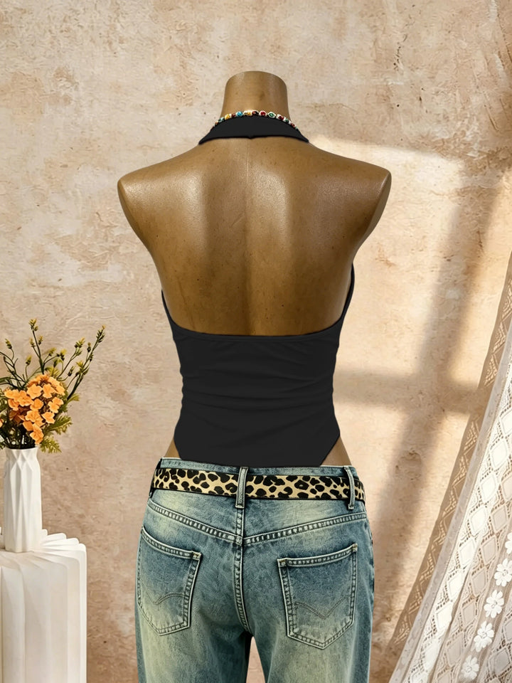 Chic Y2K Halter Bodysuit Deep V Neck Slim Fit