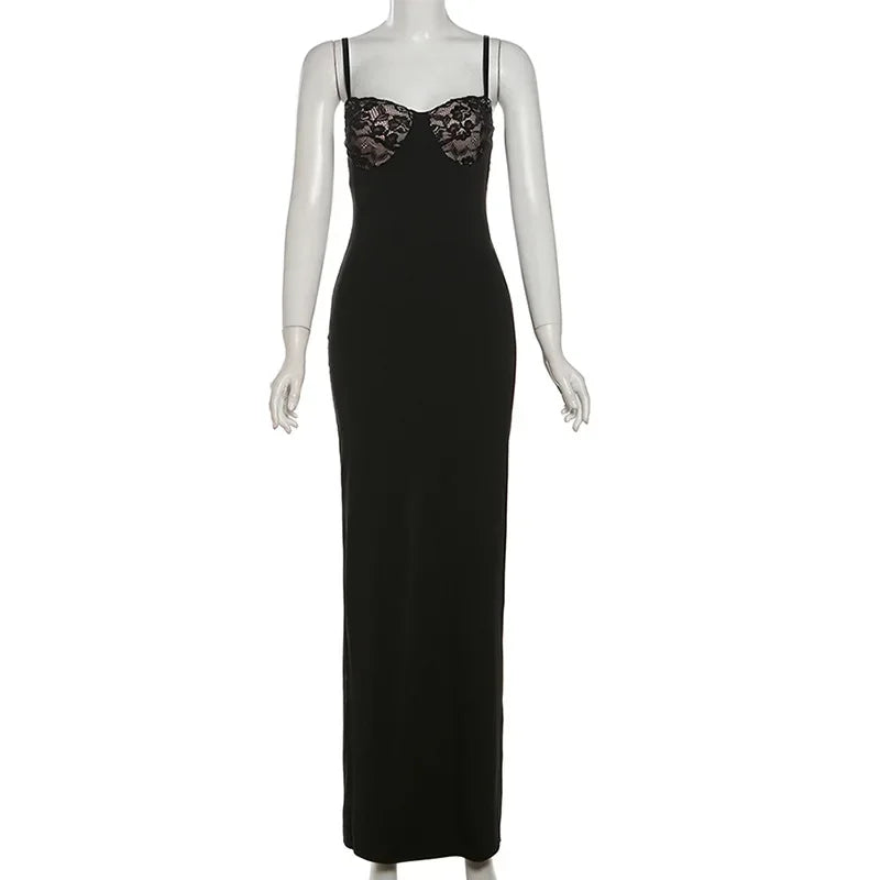 Lace Trim Backless Maxi Dress Y2K Party Club Women
