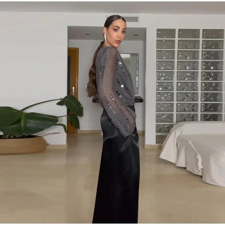 Elegant V Neck Layered Sequin Jumpsuit For Evening