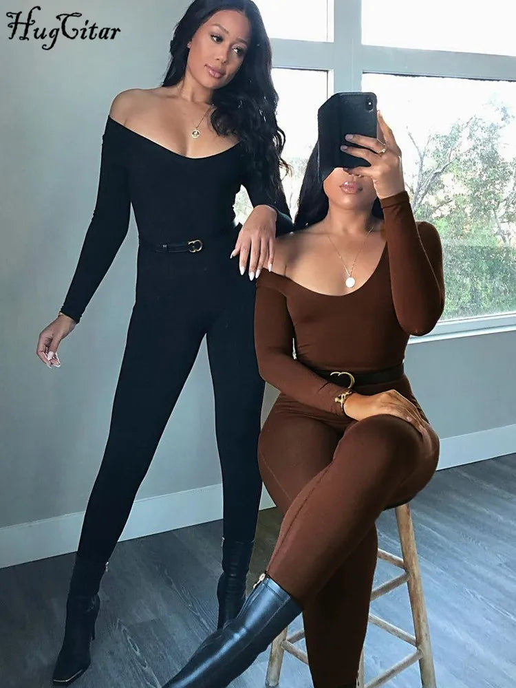 Hugcitar 2025 Square Collar Bodycon Jumpsuit Women