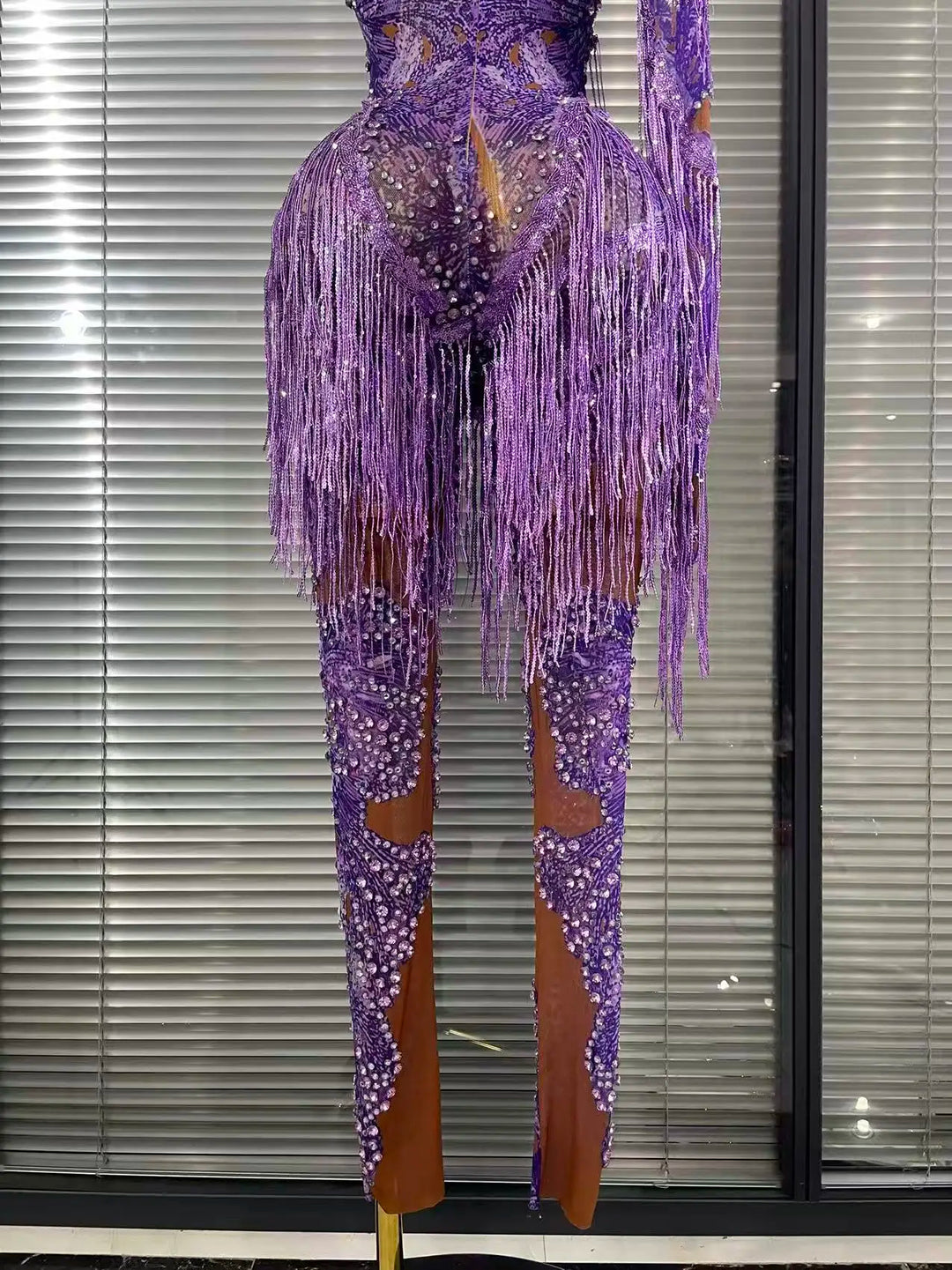 Elegant Purple Rhinestone Mesh High Waist Jumpsuit