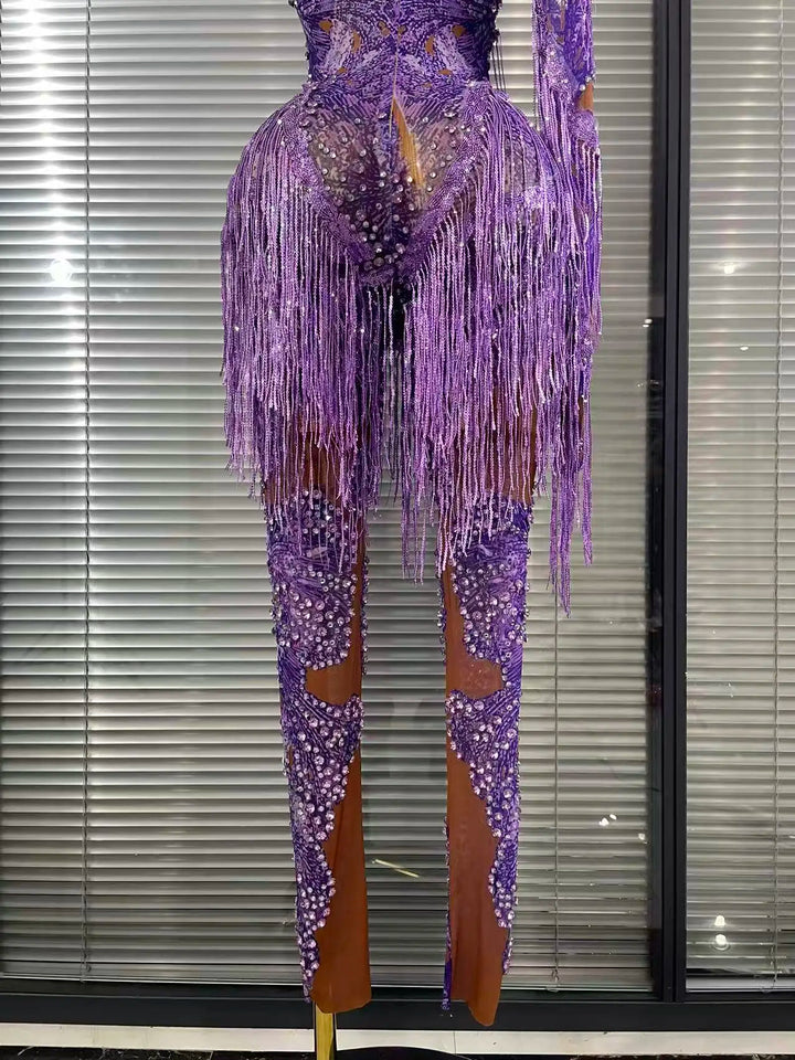 Elegant Purple Rhinestone Mesh High Waist Jumpsuit
