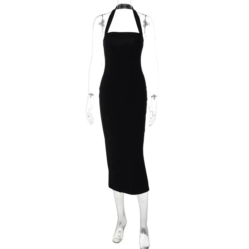 Hugcitar 2025 Elegant Halter Black Backless Sexy Bodycon Maxi Prom Dress Summer Women Y2K Clothes Wedding Birthday Party