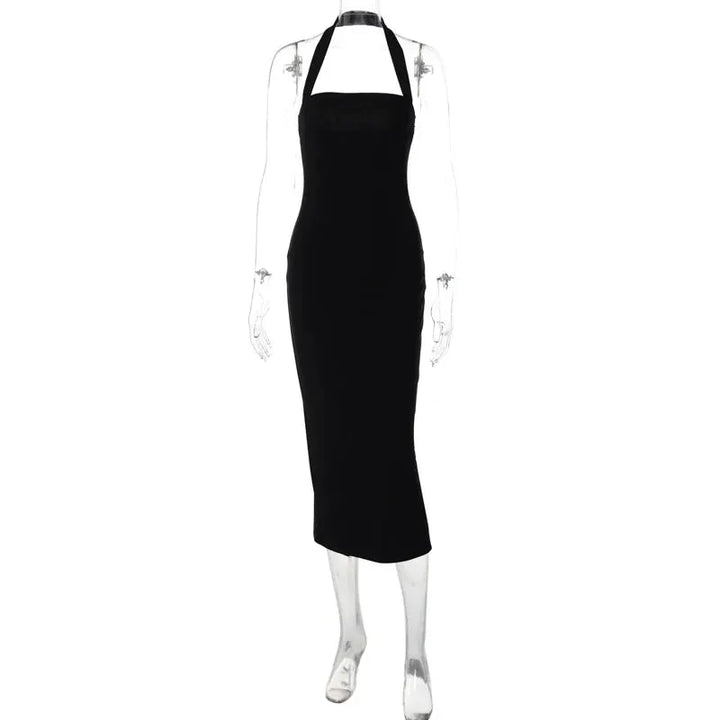 Hugcitar 2025 Elegant Halter Black Backless Sexy Bodycon Maxi Prom Dress Summer Women Y2K Clothes Wedding Birthday Party