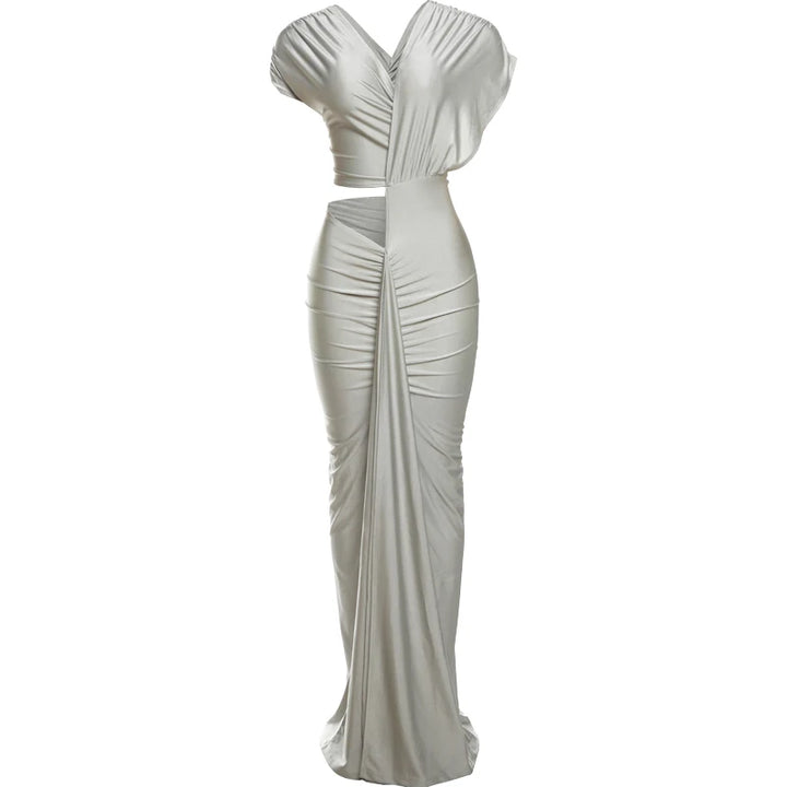 Elegant Nibber Ruched Diagonal Dress With Floor