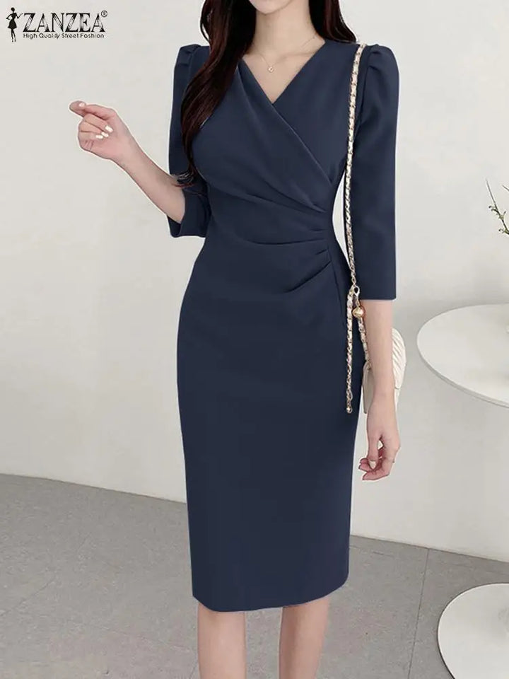 ZANZEA Women V Neck Bodycon Party Dress Ruched