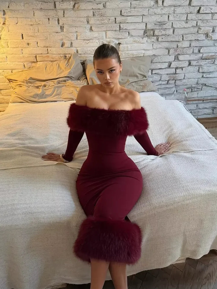 Women Strapless Faux Fur Dresses Off Shoulder