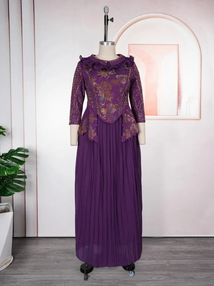 Elegant Diamond Embroidered V Neck Maxi Dress For